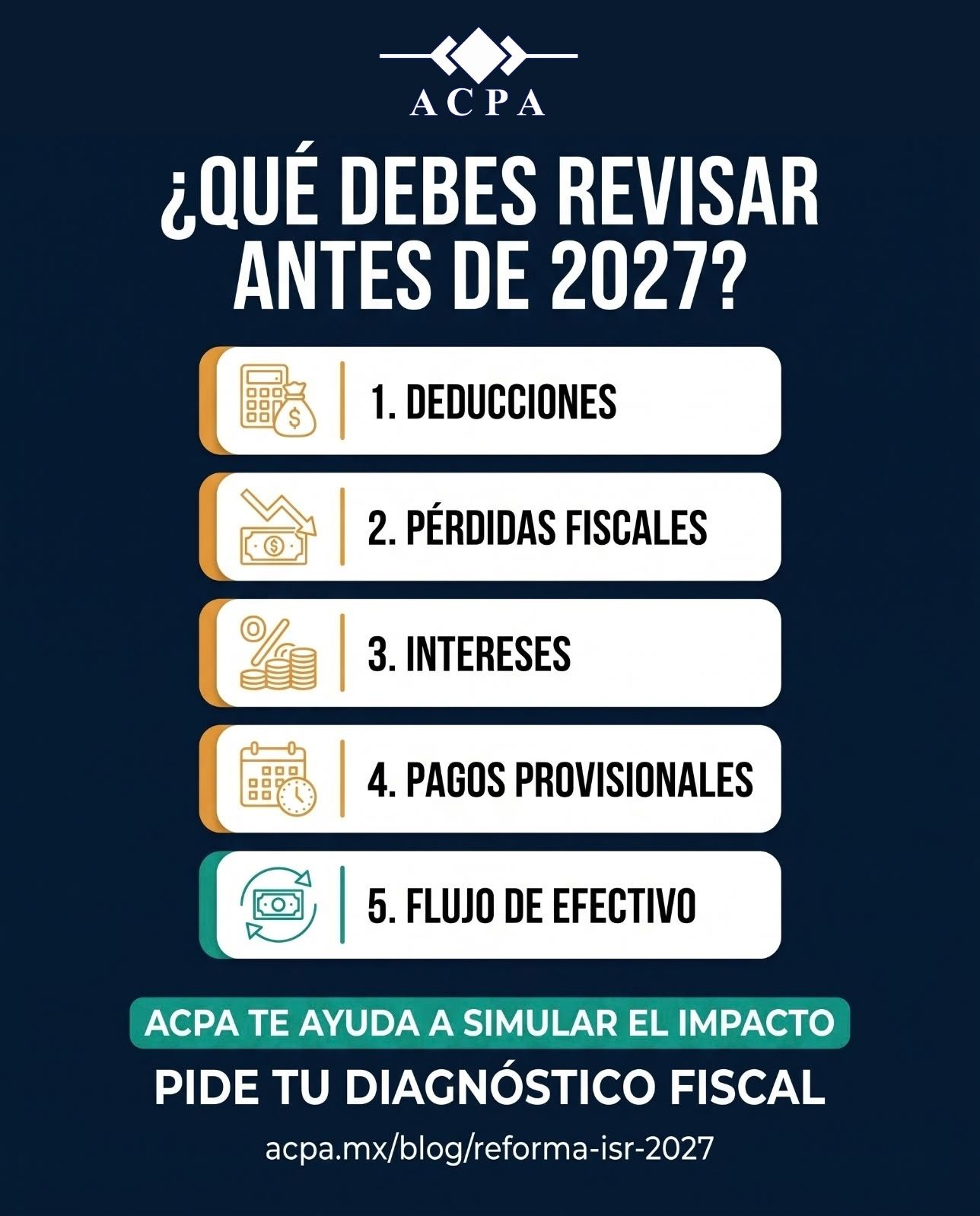 Infografía ACPA: deducciones, pérdidas fiscales, intereses, pagos provisionales y flujo de efectivo que conviene revisar antes de 2027